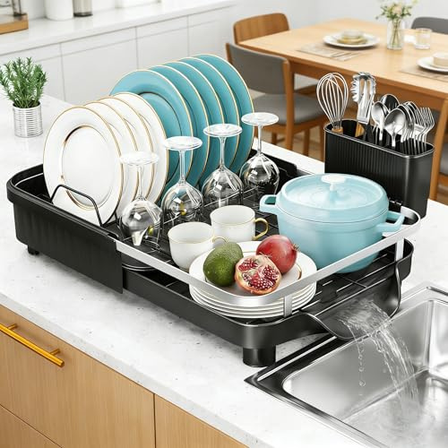 Purkeep Dish Drainer Rack, Expandable Dish Rack, Space Saving Dish Drying Rack for Kitchen Counter, Dish Drainer Rack with Drain Board, Utensil Holder