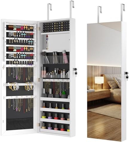 FIVMEN Schmuckschrank mit Spiegel Spiegelschrank Wandschrank Hängend Abschließbar Schmuckaufbewahrung Make-Up Organizer 2 in 1 mit Ganzkörperspiegel Standspiegel, Weiß