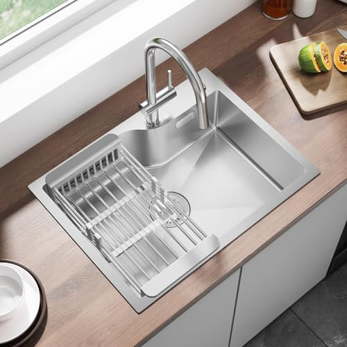 ANYCEE Fregadero Cocina Acero Inoxidable 60x45 cm, Fregadero Cocina 1 Seno con Orificio y Cesto, Fregaderos Encastrados o Sobre Encimera para Mueble de 60cm, Incluye Sifón y Filtro de Drenaje