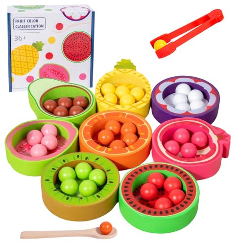 Kezidhp Jouet Montessori en Bois Fruits à Trier avec Cuillère et Pince, Jeu Éducatif de Classification Couleurs et Fruits, Jouet de Motricité Fine et Reconnaissance, Cadeau Enfant 2 3 4 Ans