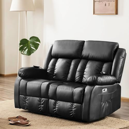 BSTSEL Electric Recliner Armchair For the Elderly with Massage & Heat, Extended Footrest, USB+Type C Ports, Electric Recliner Chair for Living Room Bedroom (Black PU 2 Seater Sofa)