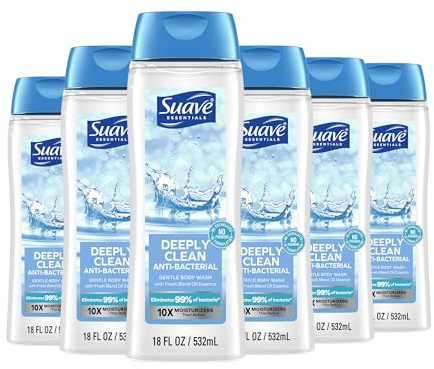 Suave Deeply Clean Antibacterial Body Wash with Glycerin & Vitamin E, Moisturizing Skin Cleanser For Soft, Smooth Skin, Long Lasting Scent, Paraben Free, 18 FL OZ, 6 Count