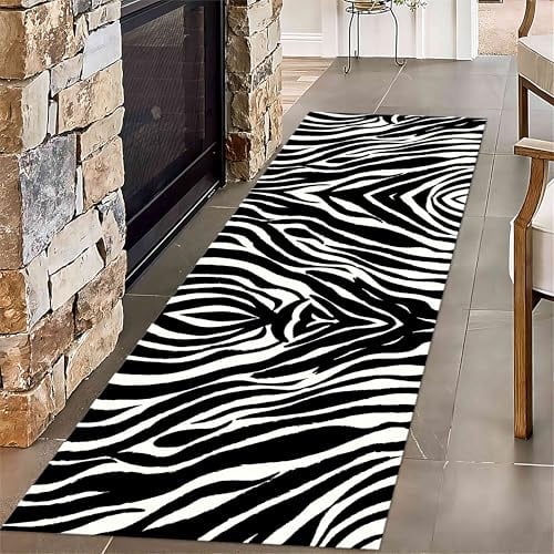 Zebra Läufer Teppich, 60x120cm Schwarz-Weiß Gestreift, Akzent Teppich für Eingangsbereich, Rutschfeste Fußmatte für Innenbereich, Tier Print, Waschbarer Teppiche für Küche, Wohnzimmer, Schlafzimmer