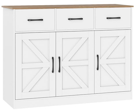 TANGZON Large Buffet Sideboard, Wooden Kitchen Storage Cabinet with 3 Doors, 3 Drawers & Adjustable Shelves, Buffet Cupboard Organiser for Dining Living Room (108x38x81cm,X-panel Door, White+Natural)