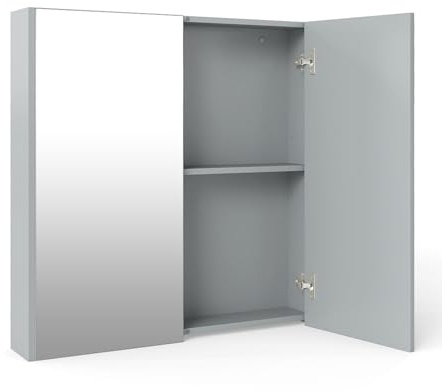 CASART Wall-Mounted Bathroom Mirror Cabinet, 2/3 Door Storage Cupboard with Shelves & Cushioning Hinges, Organiser Storage for Bedroom, Living Room and Washroom (Grey, Double Door)