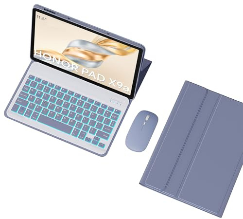 TSATAULE Custodia con Tastiera per Honor Pad X9a/X9 PRO da 11,5 Pollici 2025, Retroilluminazione A 7 Colori, Tastiera Wireless Rimovibile con Cover Protettiva, Mouse Bluetooth per Tablet,Viola