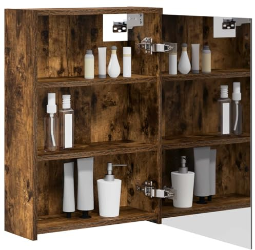vidaXL Badezimmerspiegelschrank Geräucherte Eiche 43 x 16 x 62.5 cm, Moderne Badezimmer, rechteckiger Stauraum, Wandregal, doppelseitiger Spiegel, Flexibles Möbel