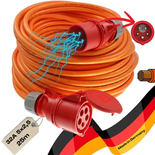 netbote24 maxgo CEE-Starkstromkabel Kraftstromkabel Verlängerungskabel Panzerkabel Pur mit Phasenwender 5P H07BQ-F 5x2,5mm² 400V 32A Stecker Flexibles für Außenbereich IP54 25m