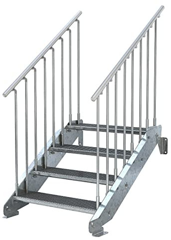 Außentreppe 4 Stufen 90 cm Laufbreite - beidseitiges Geländer - Anstellhöhe 62 cm bis 84 cm - Gitterroststufe ST2 - feuerverzinkte Stahltreppe mit 900 mm Stufenlänge als montagefertiger Bausatz