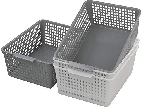 Dynko 4 Packs Large Storage Baskets, Clear Grey Organizer Baskets, Plastic Weave Storage Basket