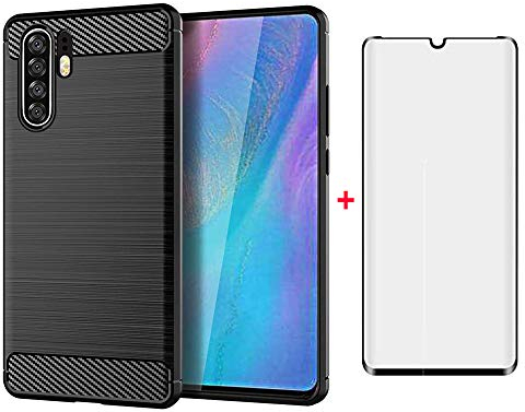 Phone Case for Huawei P30 Pro and Tempered Glass Screen Protector Film Cover with Mobile Accessories Slim Thin Shockproof Soft Silicone Rubber TPU Huwai Hawaii Hwauei Haweii P 30 30pro Girls Men Black