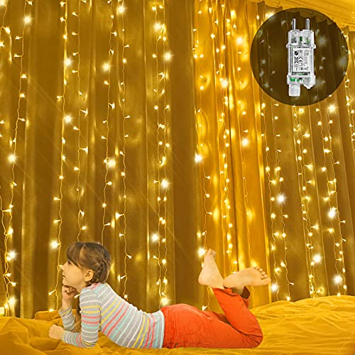 AufuN LED Lichtervorhang Warmweiß 3x3m, 300 LEDs Lichterkette mit einem Stecker, IP44 Wasserdicht Vorhang Licht für Innen und Außen Weihnachten, Partydekoration, 8 Leuchtmodi mit Speicherfunktion