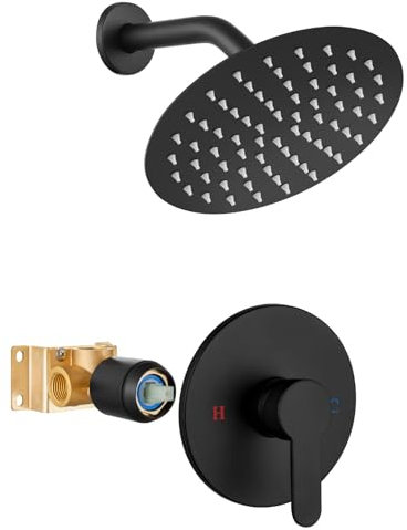 Airuida 8 Inch Matte Black Shower Faucet Set Rainfall Shower System Trim Kit with Female Threads Rough-in Valve Single Function Bathroom Wall Mount SUS304 Ultra-Thin Round Head Shower System Set