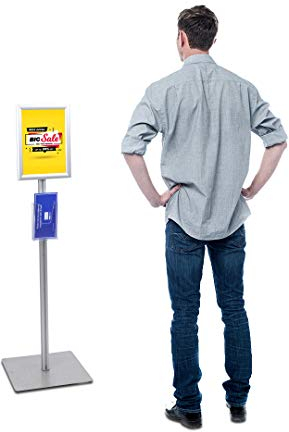 MyMAXXI | Infoständer Shop DIN A4 Klapprahmen mit Prospekthalter DIN Lang freihstehend, mobiler Plakathalter auf Aluminiumprofil, Plakatständer mit Standfuß aus Edelstahl silber, Bodenständer