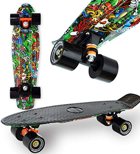 WeLLIFE Skateboard Mini Cruiser RGX Nero Multicolor Tavola Skate 22” 56cm per Giovani Ragazzi Adulti, Ruote PU 78A con Cuscinetti ABEC-7RS