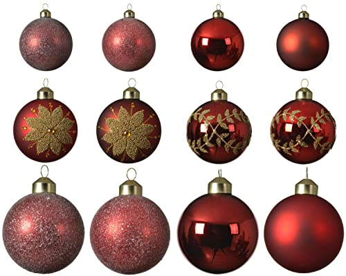 mgc24 Weihnachtskugeln rot, Weihnachtsdeko Christbaumkugeln Ø 7/8/10 cm aus Glas mit Aufhänger, 12 Stück