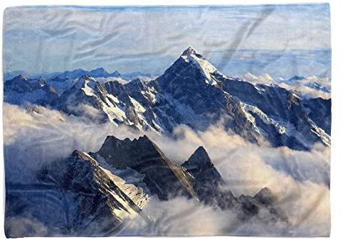 EAU ZONE Handtuch Strandhandtuch Saunatuch Kuscheldecke mit Fotomotiv Berge Nebel Berggipfel Größe 180 x 130 cm (Tagesdecke - Sherpa Flies)
