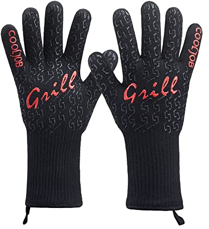 COOLJOB Guanti da barbecue, guanti da forno resistenti al calore con silicone antiscivolo, guanti da forno con dita per barbecue, griglia, cottura saldatura, taglia unica, neri (1 paio)