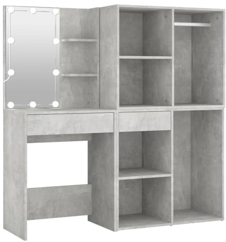 vidaXL LED Schminktisch, Kosmetiktisch mit 2 Schränken Spiegel, Frisiertisch für Schlafzimmer, Schminkkommode Frisierkommode, Betongrau Holzwerkstoff