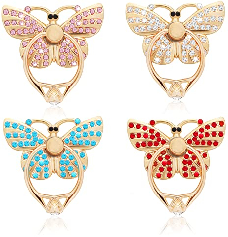 Cobee Cell Phone Ring Holder Stands, 4 Pcs Butterfly Phone Ring Holders with Rhinestones Glitter Butterfly Finger Kickstand Metal Hand Grip with Knob Loop 180°/360° Rotation Kickstands(4 Colors)
