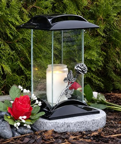 Grablampe Grablaterne Rose 28,0cm Grabschmuck Grablicht Grableuchte Lampe Laterne Licht Kerze Grabkerze Trauer Garten Friedhof Grabdekoration