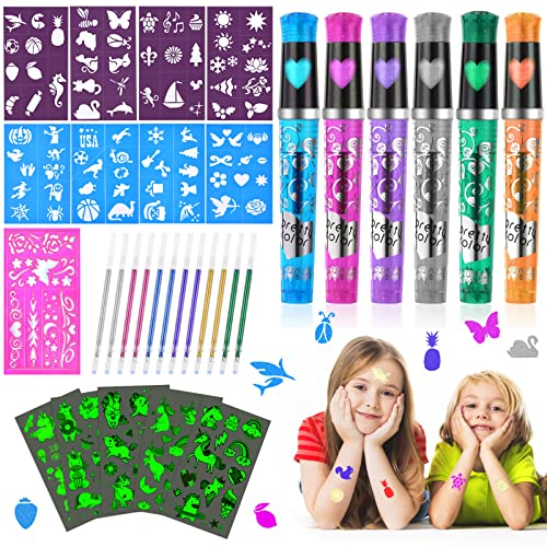 AOMIG Rotuladores Tatuajes Niños, 32pcs Kit Tatuajes Niño para Pintar el Piel con 6 Colores Rotuladores Purpurina, 12 Recarga de Reemplazo, Tatuajes Temporales Luminoso y Plantillas, Regalo Cumpleaños