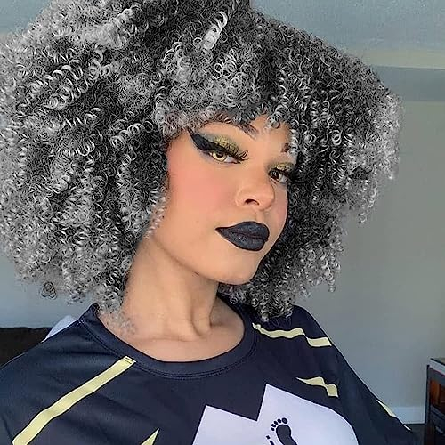 PORSMEER Lockige Afro Perücke Damen Volle flauschig Haar Kinky Curly Bob Ombre Silber Wig volume mit Pony für schwarze frauen Natürliche Kunsthaar Perücke 14 Zoll,Ombre Graue