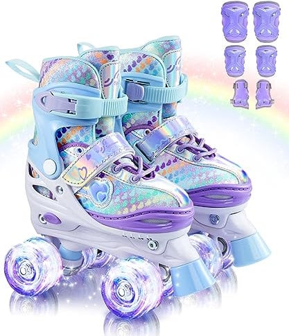 Rollschuhe Kinder Verstellbar Mädchen Rollerskates, Größe 26-37 Mit 6er Kinder Protektoren Set und Led Leuchtenden Rädern für Mädchen 1 Pair