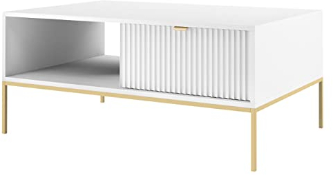 Mirjan24 Couchtisch Sivone Gold L104 Kaffeetisch mit Schublade und Ablagefach, Sofatisch, Wohnzimmertisch, Couchtisch, Modern Stilvoll (Weiß/Weiß)