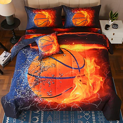 JQinHome Queen Basketball und Feuer-Bettwäsche-Set für Jungen – 6-teiliges Sport-Themen-Bettwäsche-Set, Ganzjahres-Bettdecke, weiche Mikrofaser-Bettdecke, Bettlaken, Spannbetttuch und Kissenbezug