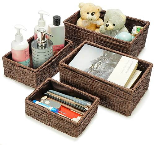 BELLE VOUS 4 Pack of Brown Wicker Storage Baskets - Woven Storage Hampers for Bathroom, Living Room, Cupboard or Shelves - Decorative Natural Rattan Nesting Organiser Bin Set - 4 Sizes