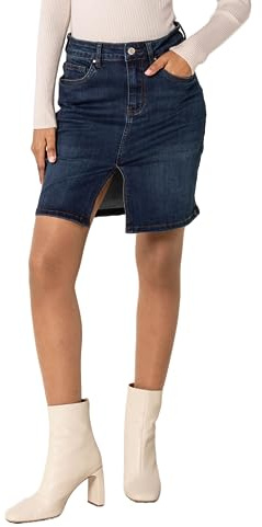 Nina Carter P213 - Gonna corta in jeans da donna, con spacco anteriore, chiusura lampo, stile vintage