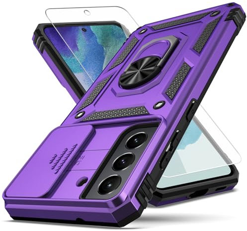YZOK for Galaxy S21 FE 5G Case,with Camera Lens Cover HD Screen Protector,[Military Grade] Ring Car Mount Kickstand Hybrid Hard PC Soft TPU Shockproof Protective Case for Samsung Galaxy S21 FE-Purple