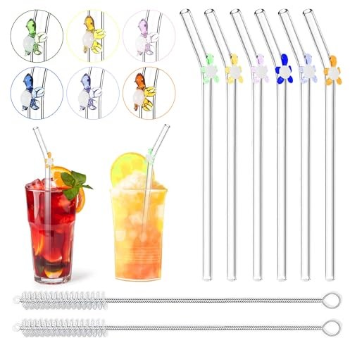 6 Glass Straw Glass Straws Drinking with Straw Straws Reusable with 2 Cleaning Brushes, with Little Colorful Turtle, Reusable Drinking Straws Curved Design for Smoothies Coffee