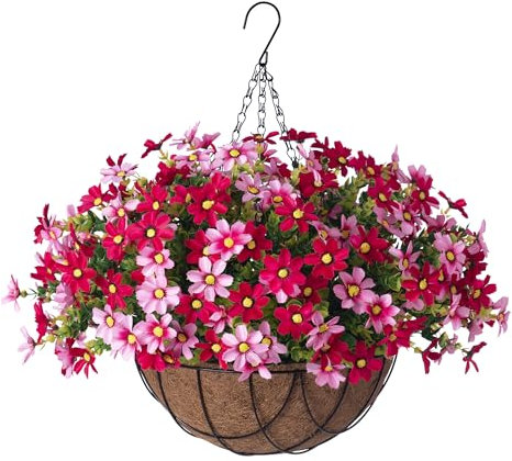 INXUGAO Fioriera sospesa da 30,5 cm con margherite artificiali in seta per decorazione esterna, fiori in finta seta, resistenti ai raggi UV, piante in cesto, per interni, portico, giardino, cortile