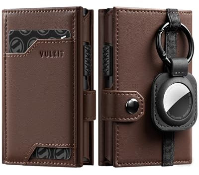 VULKIT Portafoglio Uomo Porta Carte di Credito Schermato RFID con Scomparto Banconote e Finestra ID e Portachiavi Rimovibile Compatibile con AirTag, Napa Espresso