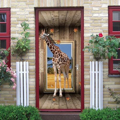 3D Door Wallpaper Self-Adhesive Door Sticker Door Foil Door Poster Door Mural Photo Frame Animal Giraffe Maple Leaves Door Wallpaper Photo Wallpaper Self-Adhesive Poster - Removable Mural L -2P5I/D4V1