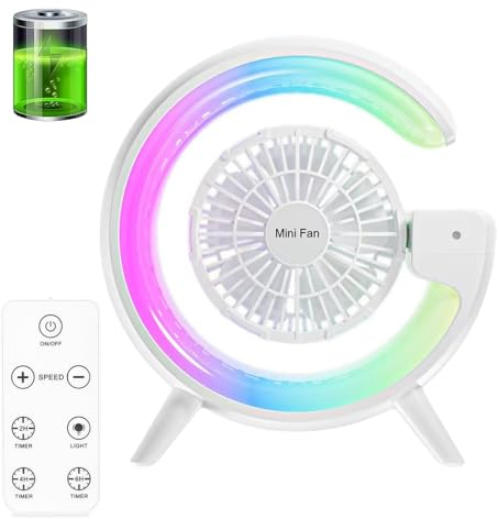 USB Ventilator mit Fernbedienung, 2000mAh Tischventilator mit RGB-Stimmungslicht, 4 Geschwindigkeiten 3 Timer, Leise Klein Desk Fan für Schreibtisch Zuhause Büro