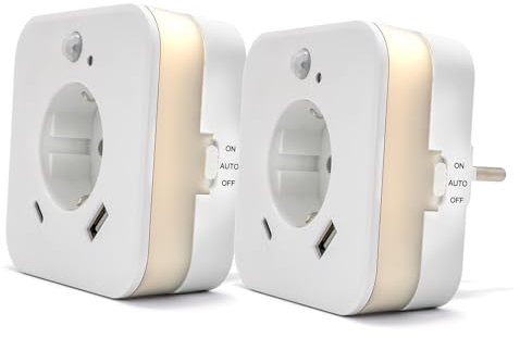 smrter LED-Nachtlicht mit Bewegungsmelder und Steckdose, 2x USB (1x USB C + 1x USB A) 2.4A, weiß, Ein/Aus/Auto Modus-Schalter, automatischer Lichtsensor, GS (geprüfte Sicherheit) (2 Stück [mit USB-C])
