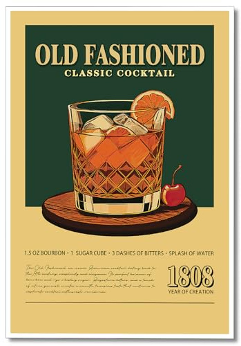 Anslipswar Old Fashioned Cocktail Print Poster, Retro Classic Cocktail Bar Cart Canvas Wall Art, Vintage Alcohol Whiskey Pictures for Wall Decor, Kitchen Home Bar Cart Club Decor 40.6x61.0 cm Unframed