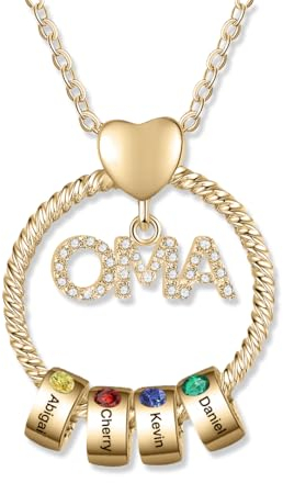 Personalisierte OMA Kette Damen mit 1–5 Namen Halskette Anhänger Damen Schmuck Mutter Tochter Geschenk für Frauen Mama Oma Zum Geburtstag Weihnachten Muttertag (Rund-Gold-4 Geburtssteine ​​4 Namen)