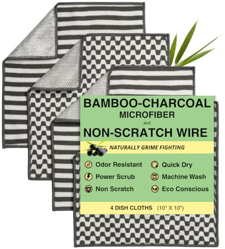 Severn Dish Cloths for Washing Dishes 4pk. Odor-Resistant Dish Rags with Non-Scratch Wire Scrubber Side for Kitchen Cleaning. Grime-Fighting Bamboo-Charcoal Microfiber 2-Sided Dishrags. Machine Wash