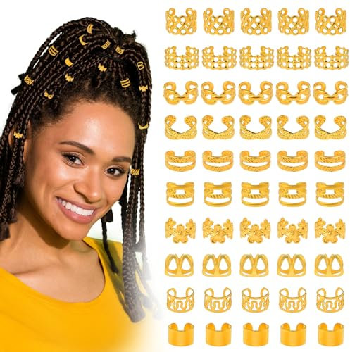 Tyqour 50 Stück Gold Haarschmuck Ringe für Zöpfe, Goldenen Haarschmuck Haarringe Loc Schmuck für Haar, Metall Gold Dreadlocks Schmuck Zubehör, Zopf Braids Haar Schmuck für Damen Frauen