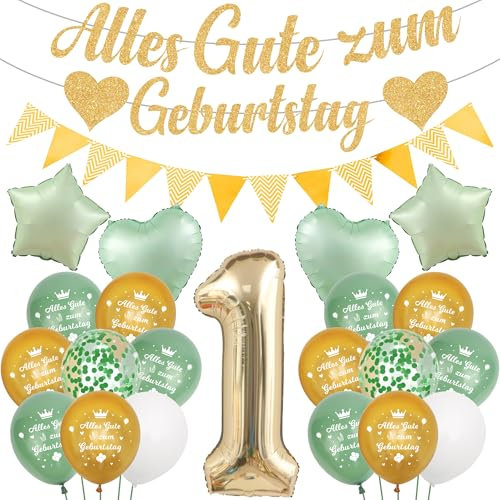 Runyuzi Deko 1. Geburtstag Junge Mädchen - 34 Stücke Geburtstagsdeko 1 Jahr Grün Gold, Herz Luftballons Glitzer Banner Wimpel für Kindergeburtstag Party