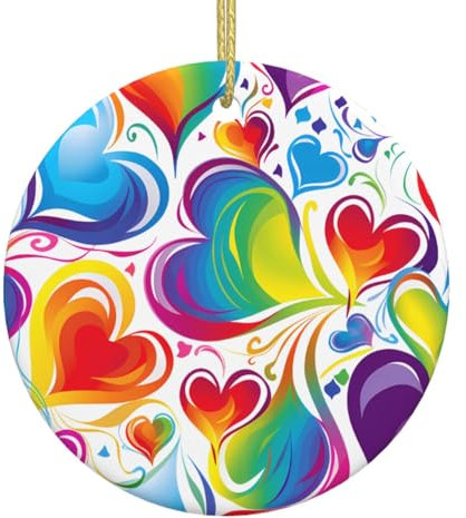 Regenbogenfarbener Gay-Pride-Herz-Anhänger aus Keramik, rund, Weihnachtsbaumschmuck, mit goldfarbener Kordel zum Aufhängen, Dekoration für Zuhause (Durchmesser 7,3 cm)