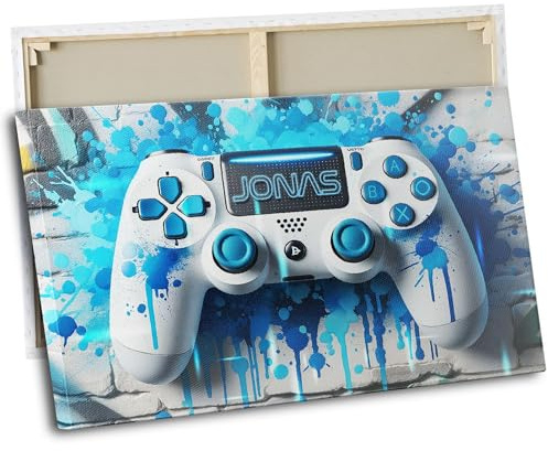 timalo® Kinderzimmer Leinwandbilder personalisiert mit Namen | Gamer Bild auf Leinwand Kinder Bilder für die Wand Wandbild xxl Jungen Bild fürs Zimmer | 100 x 50 cm Graffiti Gaming Controller Blau