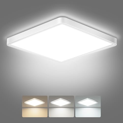 slochi LED Ceiling Light, 3000K/4000K/6500K 3 Color Temperature, IP54 Waterproof Bathroom Light, Modern Square LED Ceiling Light for Bedroom, Kitchen, Hallway, Outside Porch and More