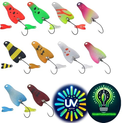 Njord Kalastus Wingspoons Lot de cuillères UV actives 10 x 2,8 g 3 cm dans Spoonbox | Nouveauté du salon 2025 | Spoons pour truite, cuillères, truite, accessoires de pêche