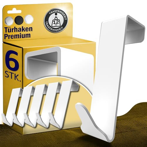 Menz Premium Türhaken zum Einhängen, 6er Set - Einzeln verwendbare Kleiderhaken Tür aus Edelstahl, hochwertige Türgarderobe - Weiße Haken zum Einhängen, Türhakenleiste mit hoher Tragkraft