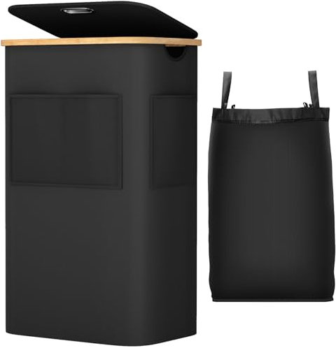 OUSFOT Cesto Ropa Sucia con Tapa 105L, Cubo Ropa Sucia con Asa de Bambú, Laundry Basket de Tejido Oxford 600D Impermeable con Bolsa Extraíble y Bolsillo Frontal, para Lavadero Dormitorio, Negro
